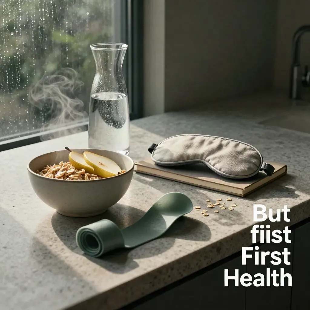 Pre-dawn wellness tableau with bowl, carafe, band, sleep mask, and notebook by rain-streaked glass.