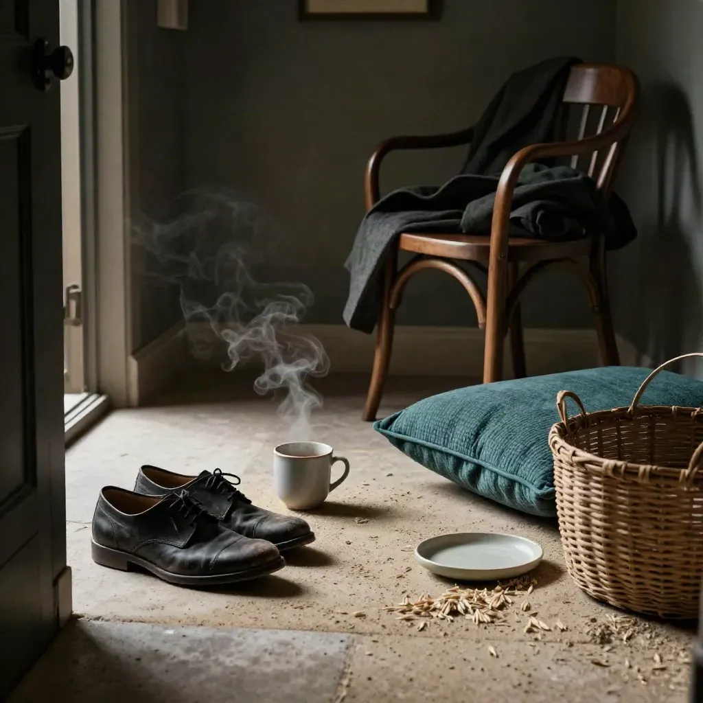 Shoes, coat, tea mug and teal cushion in a calm apartment entry after a windy commute.