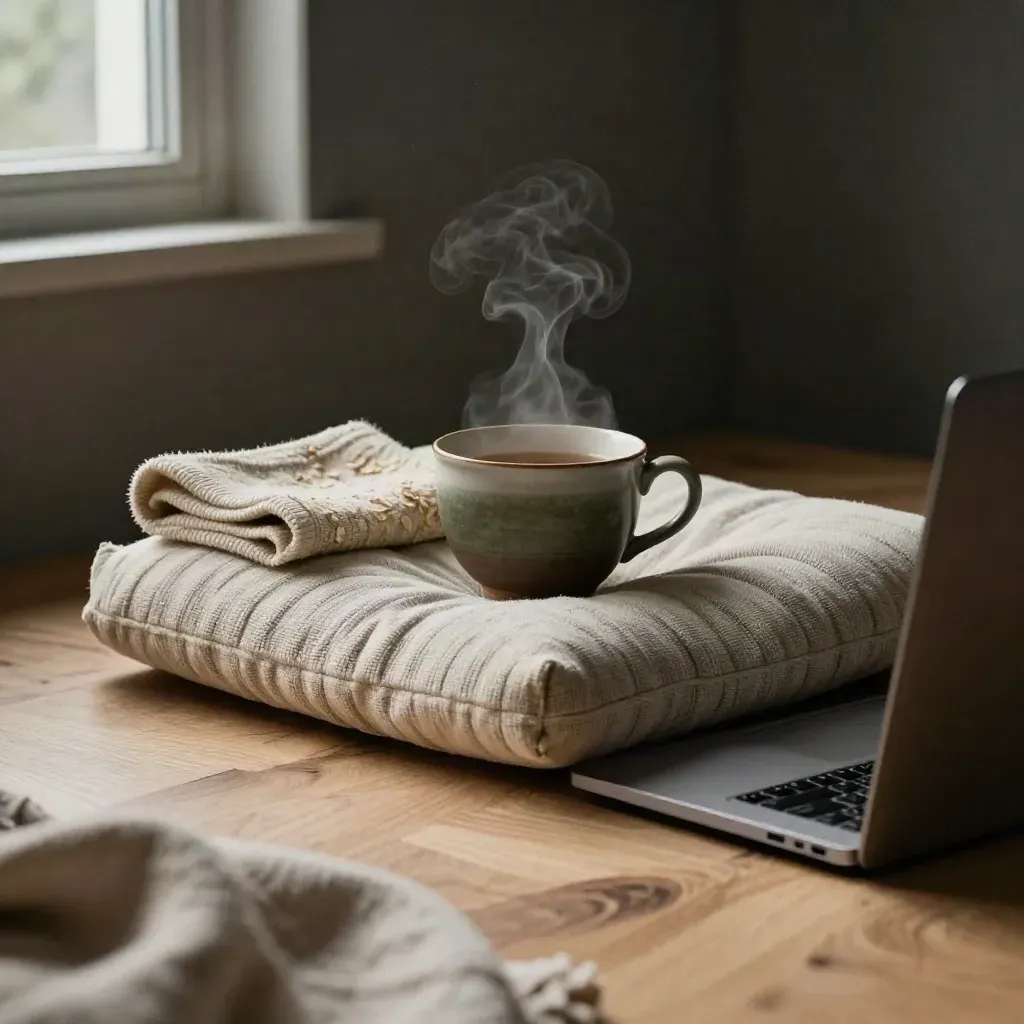 Steam rises from tea beside a meditation cushion, folded blanket, and closed laptop in rainy light.