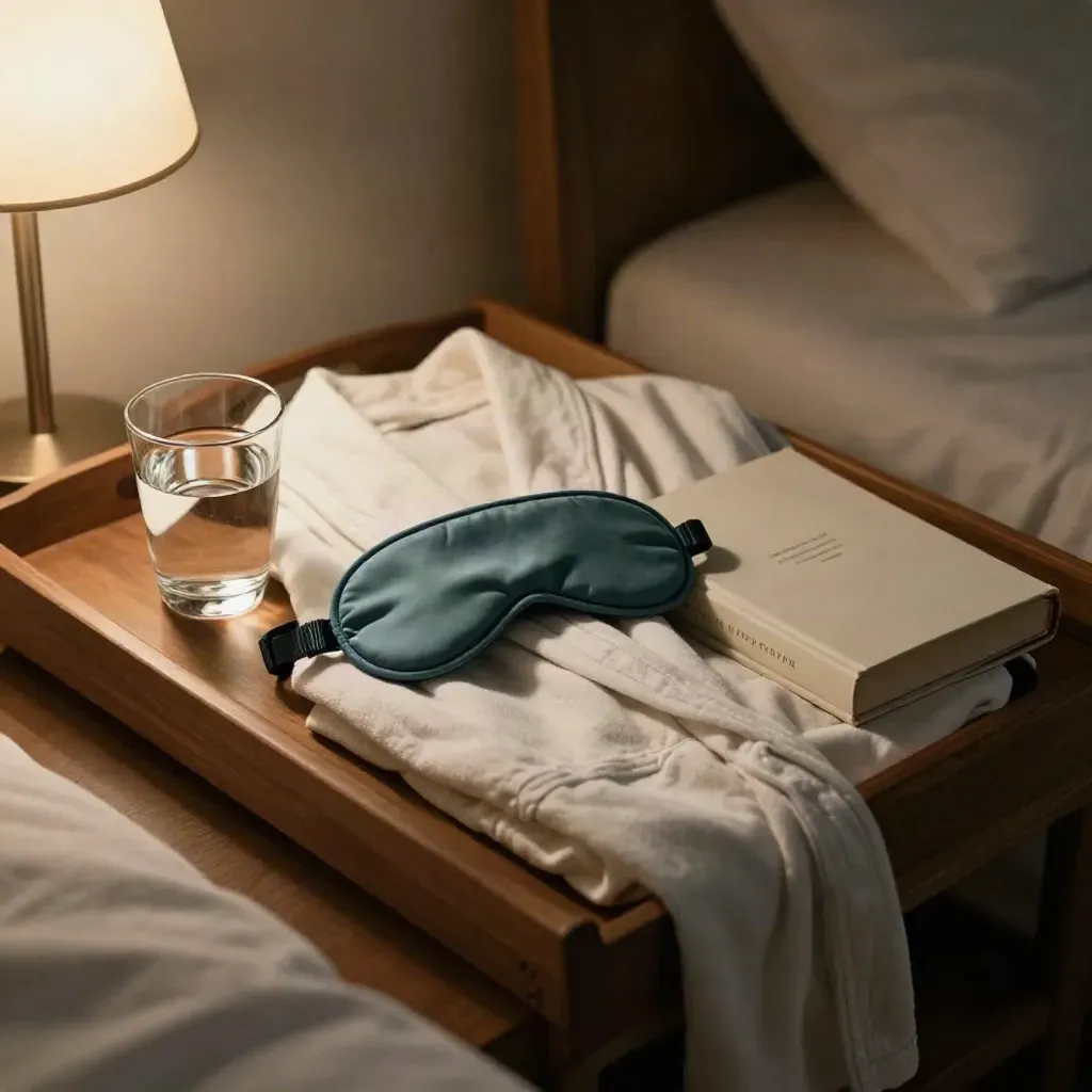 Bedside tray with teal eye mask, water glass, closed book, and robe at bedtime