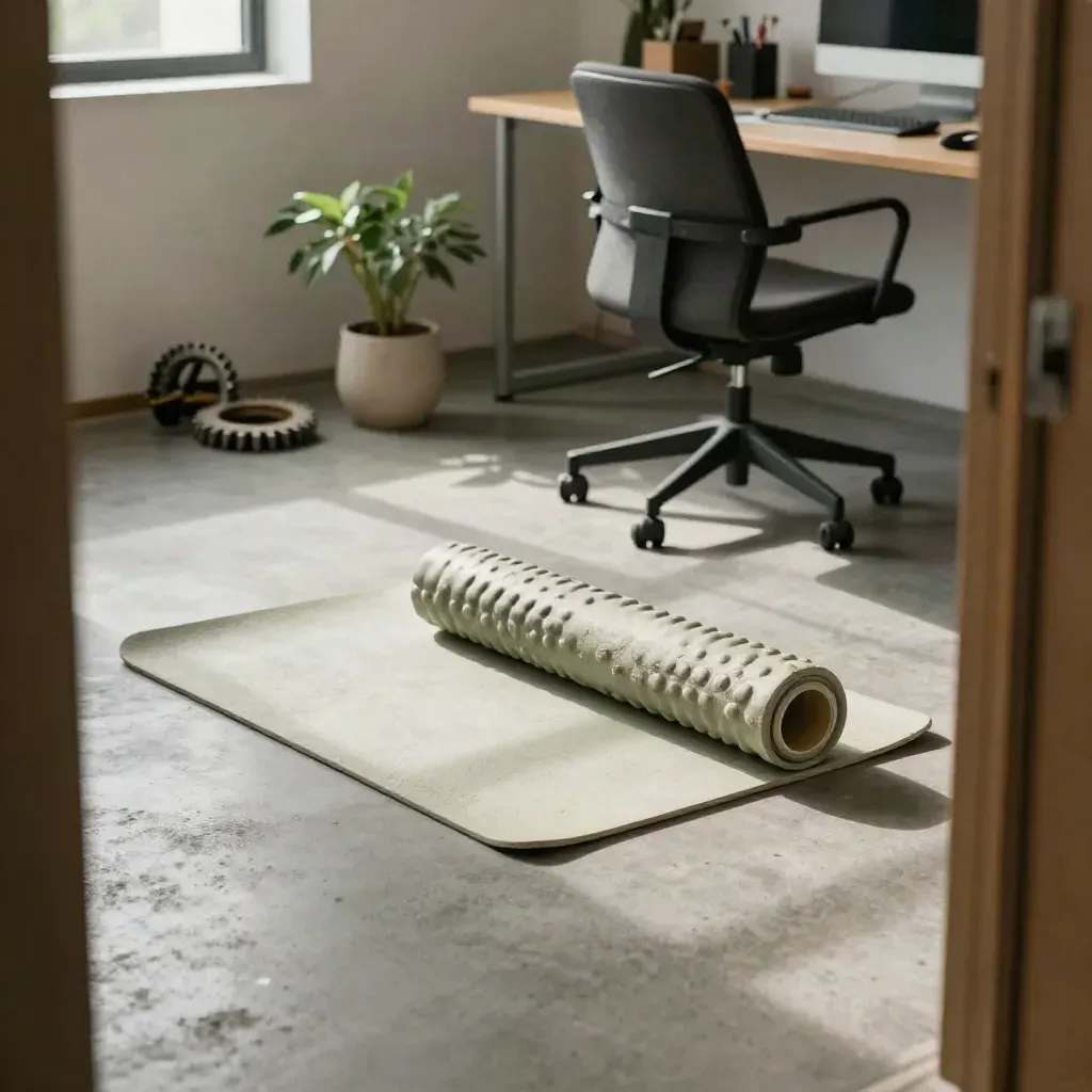 Quiet office reset with chair, stretch mat, foam roller, and desk plant by a workstation.