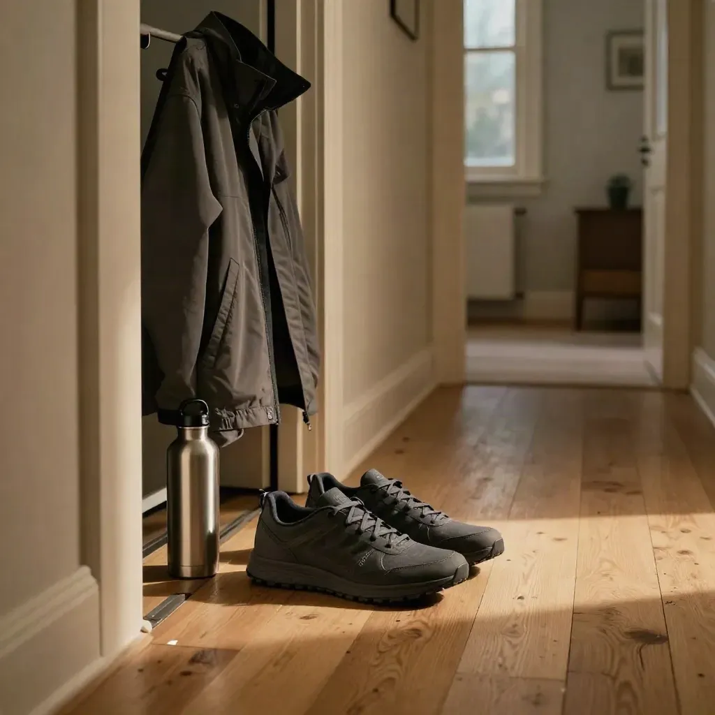 Walking sneakers, jacket, and water bottle by a half-open apartment door at dusk.