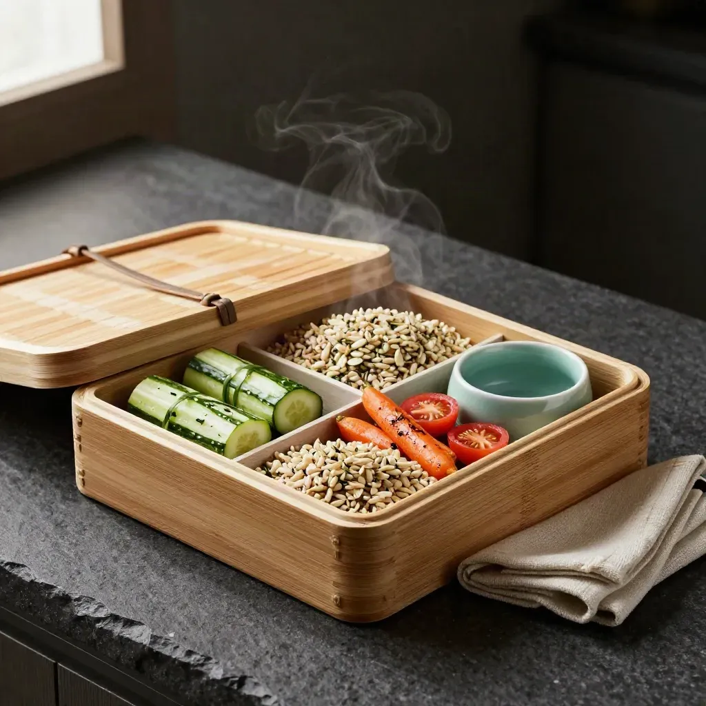 Top-down open lunch box with steaming grains, sliced vegetables, dip, and a linen napkin on dark stone.