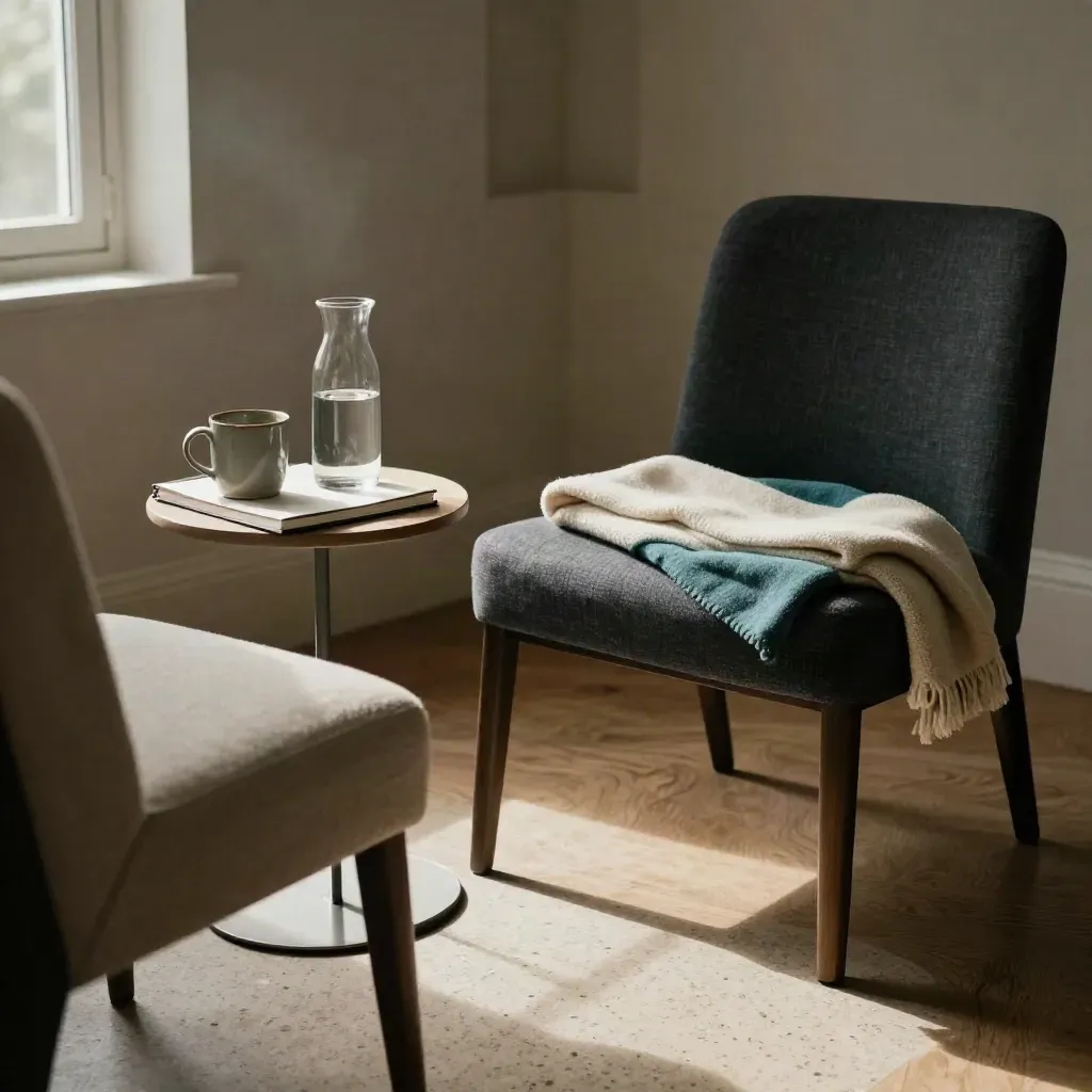 Quiet coaching corner with two chairs, mug, notebook, carafe, and folded blanket in soft window light.