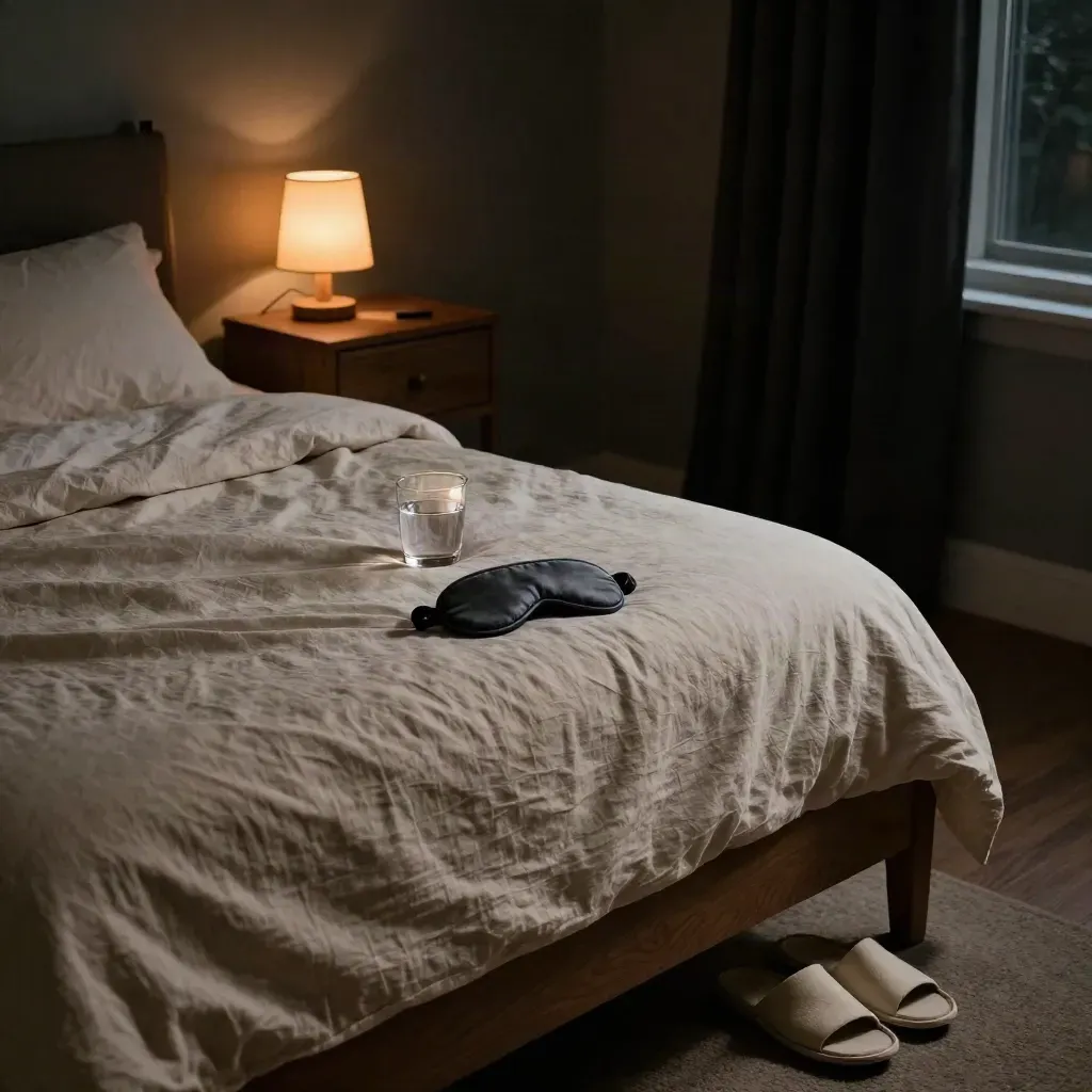 Blackout bedroom with linen duvet, eye mask, slippers, water glass and warm lamp glow at night