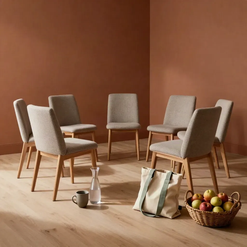 Empty workshop chairs with mugs, carafe, tote bags, and fruit in warm sunlight.