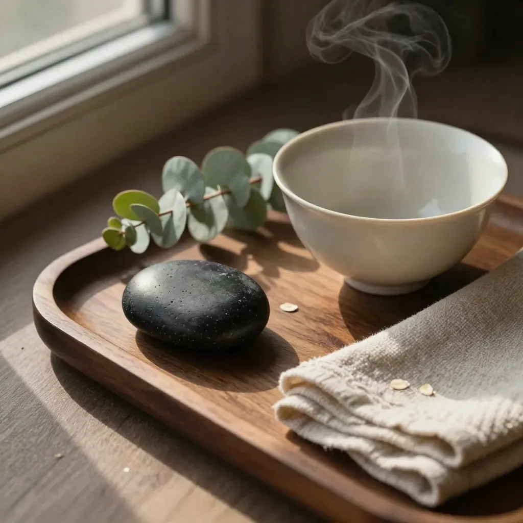 Tea bowl, eucalyptus, stone, and folded cloth on a walnut tray in warm late-afternoon light.