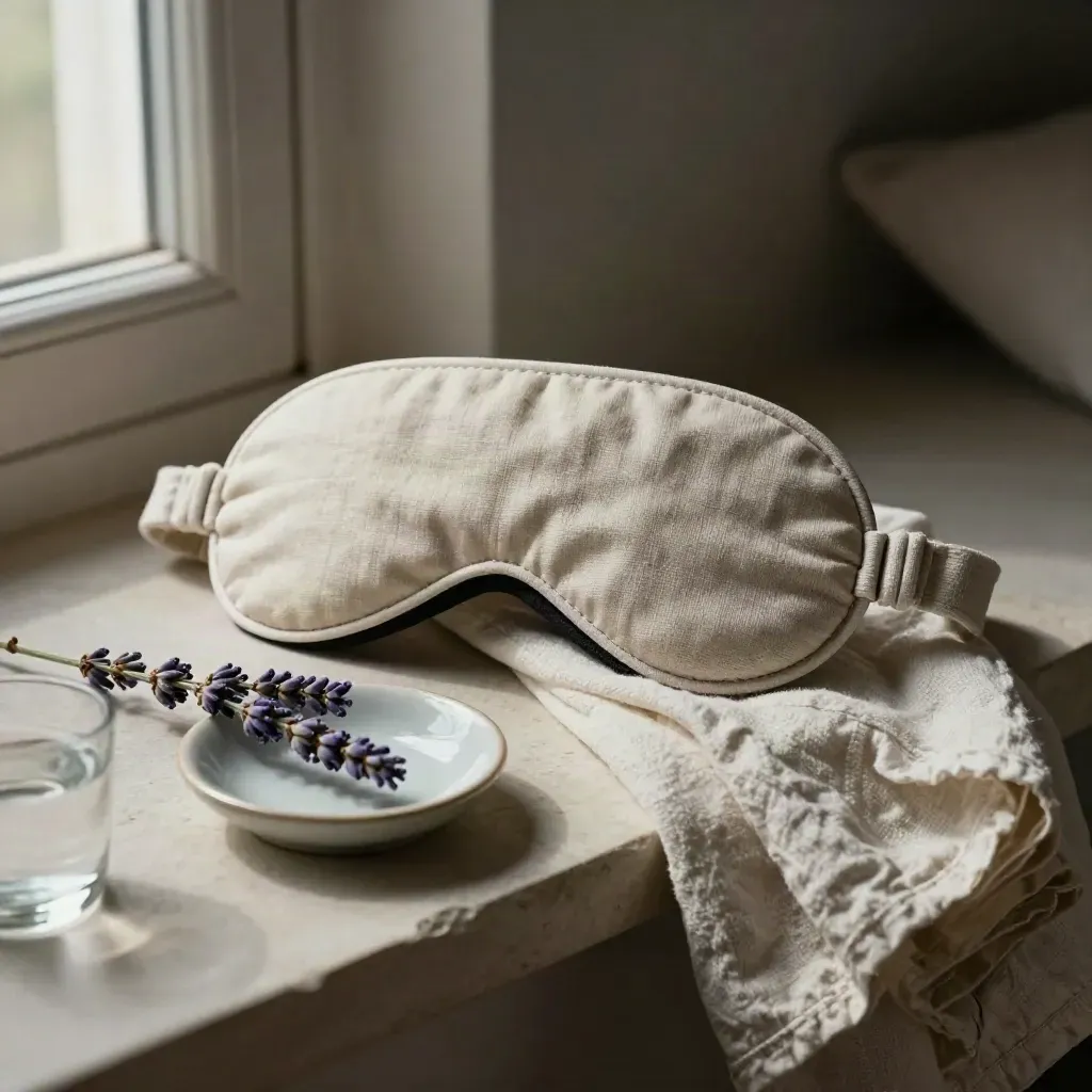 Sleep mask, lavender, dish, cloth, and water glass on a stone shelf.