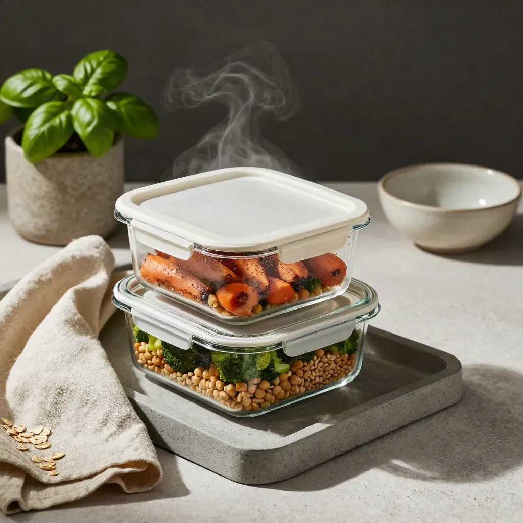 Meal prep containers with roasted vegetables, grains, basil, linen towel and bowl on a concrete tray