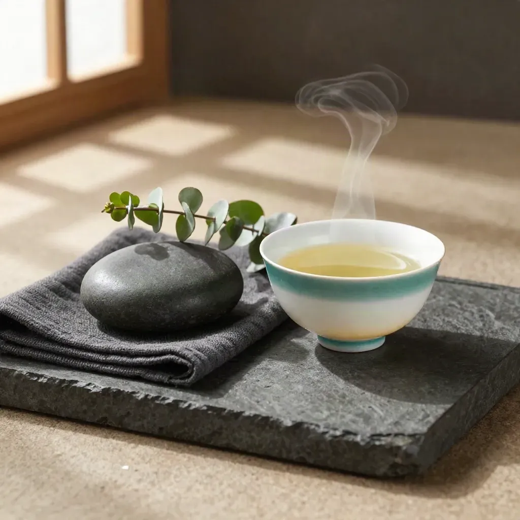 River stone, tea bowl, eucalyptus sprig and charcoal cloth on a stone tray with steam.