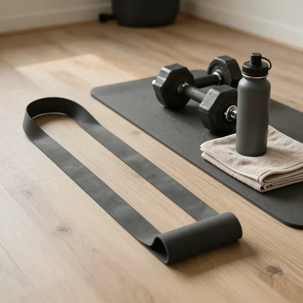 Top-down fitness still life with resistance band, dumbbell, towel and water bottle on a mat.